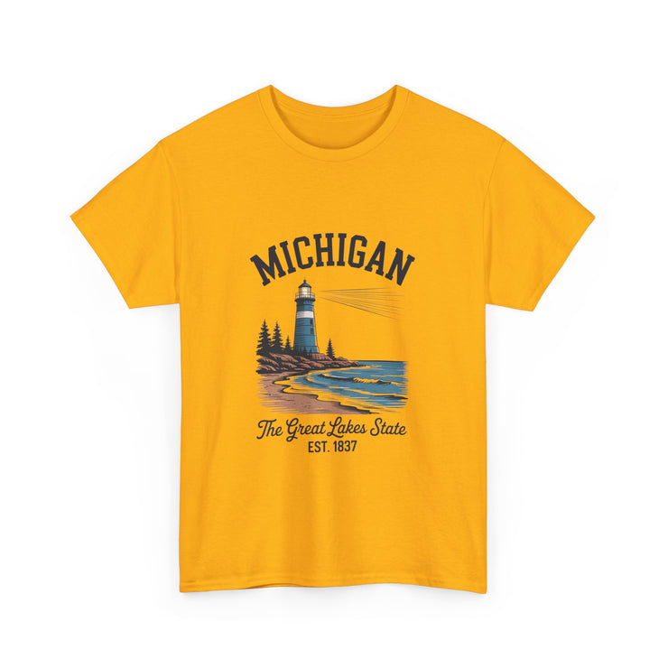 Michigan Lighthouse Unisex Heavy Cotton Tee, Great Lakes State Shirt, Gift for Travelers, Summer Casual Wear, Lakeshore Tee, USA States Design