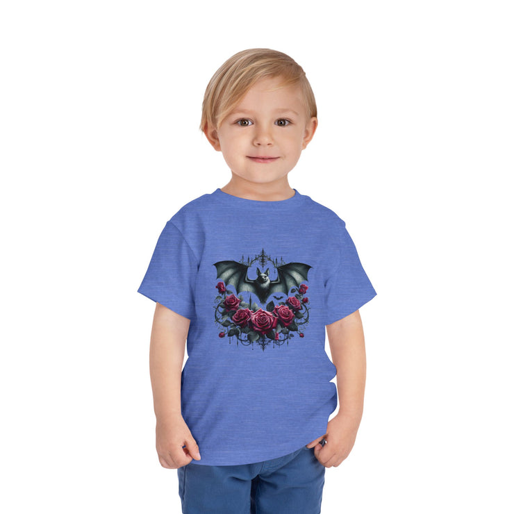 Toddler Halloween Bat Tee, Cute Toddler T-Shirt, Kids Halloween Apparel, Spooky Party Outfit, Bat and Roses Design