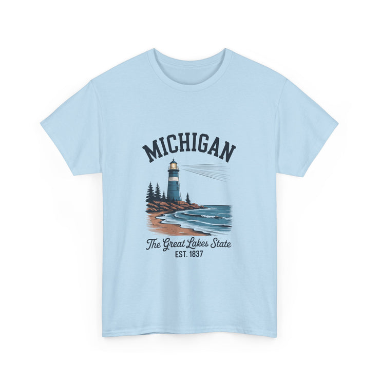 Michigan Lighthouse Unisex Heavy Cotton Tee, Great Lakes State Shirt, Gift for Travelers, Summer Casual Wear, Lakeshore Tee, USA States Design