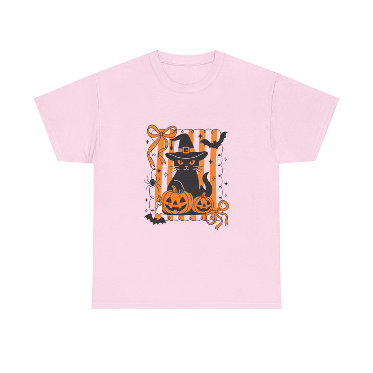 Halloween Cat Tee, Unisex Heavy Cotton Tee, Spooky Season Shirt, Fall Festivity Apparel, Pumpkin Lover Gift