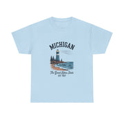 Michigan Lighthouse Unisex Heavy Cotton Tee, Great Lakes State Shirt, Gift for Travelers, Summer Casual Wear, Lakeshore Tee, USA States Design
