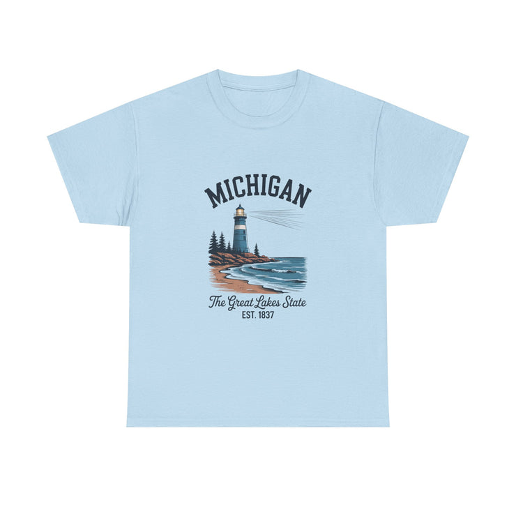 Michigan Lighthouse Unisex Heavy Cotton Tee, Great Lakes State Shirt, Gift for Travelers, Summer Casual Wear, Lakeshore Tee, USA States Design