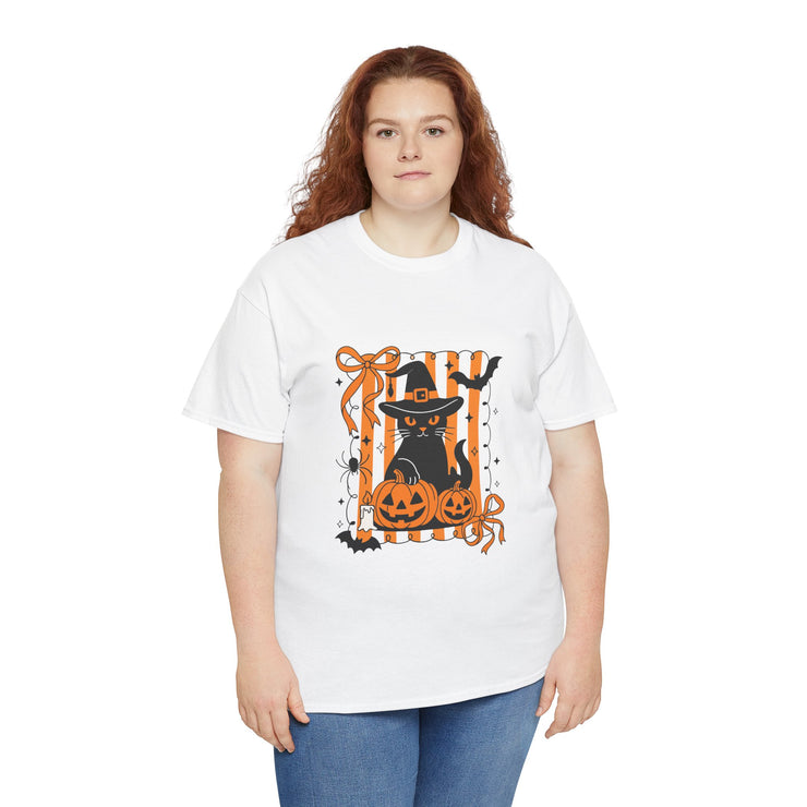 Halloween Cat Tee, Unisex Heavy Cotton Tee, Spooky Season Shirt, Fall Festivity Apparel, Pumpkin Lover Gift