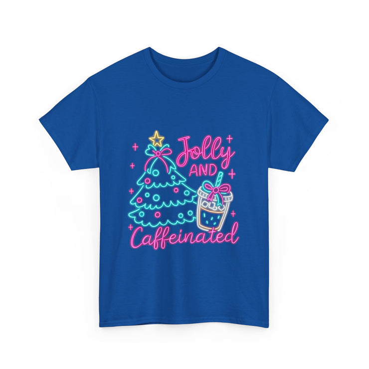 Jolly and Caffeinated Tee, Fun Holiday T-Shirt, Christmas Shirt, Unique Gift, Comfortable Cotton Tee, Festive Apparel