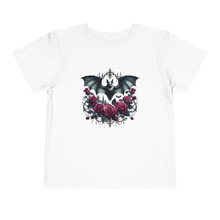 Toddler Halloween Bat Tee, Cute Toddler T-Shirt, Kids Halloween Apparel, Spooky Party Outfit, Bat and Roses Design