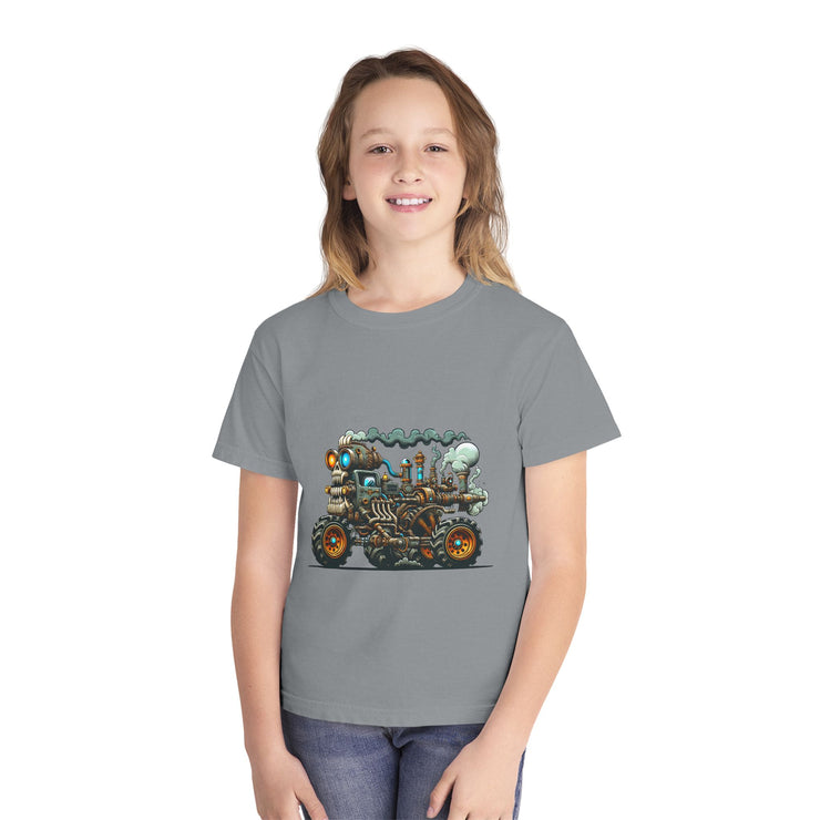 Youth Tee, Cool Graphic Shirt for Kids, Steam Engine Design, Perfect for Birthdays, Playtime, Fun Unique Gift
