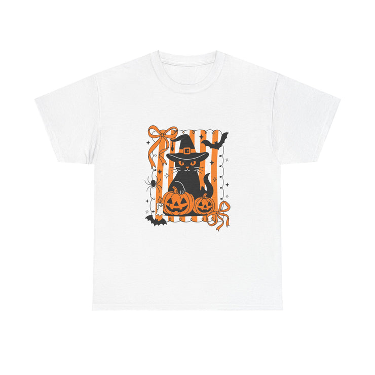 Halloween Cat Tee, Unisex Heavy Cotton Tee, Spooky Season Shirt, Fall Festivity Apparel, Pumpkin Lover Gift