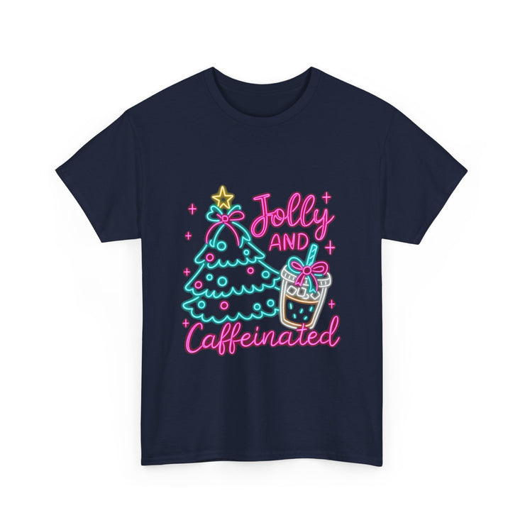 Jolly and Caffeinated Tee, Fun Holiday T-Shirt, Christmas Shirt, Unique Gift, Comfortable Cotton Tee, Festive Apparel