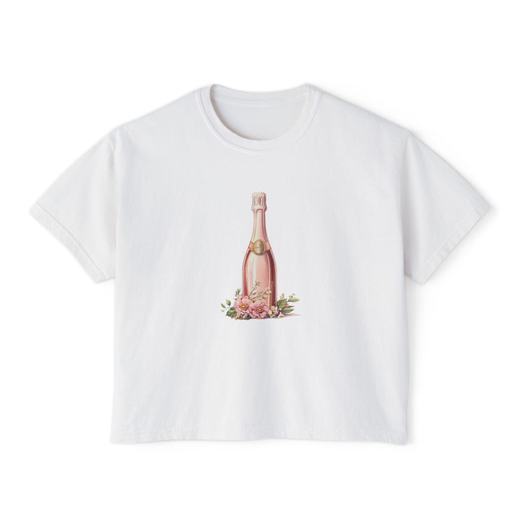 Chic Women's Boxy Tee with Champagne Bottle Design, Casual T-Shirt, Wedding Gift, Brunch Outfit, Floral Tee, Summer Style