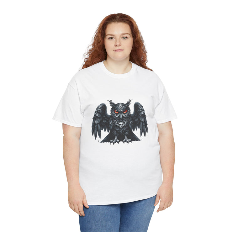 Owl Skull Graphic Tee, Unisex Heavy Cotton T-Shirt, Edgy Apparel for Halloween, Casual Wear, Gift for Gothic Style Lovers