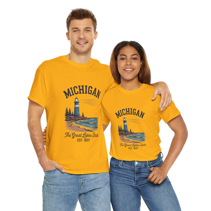Michigan Lighthouse Unisex Heavy Cotton Tee, Great Lakes State Shirt, Gift for Travelers, Summer Casual Wear, Lakeshore Tee, USA States Design