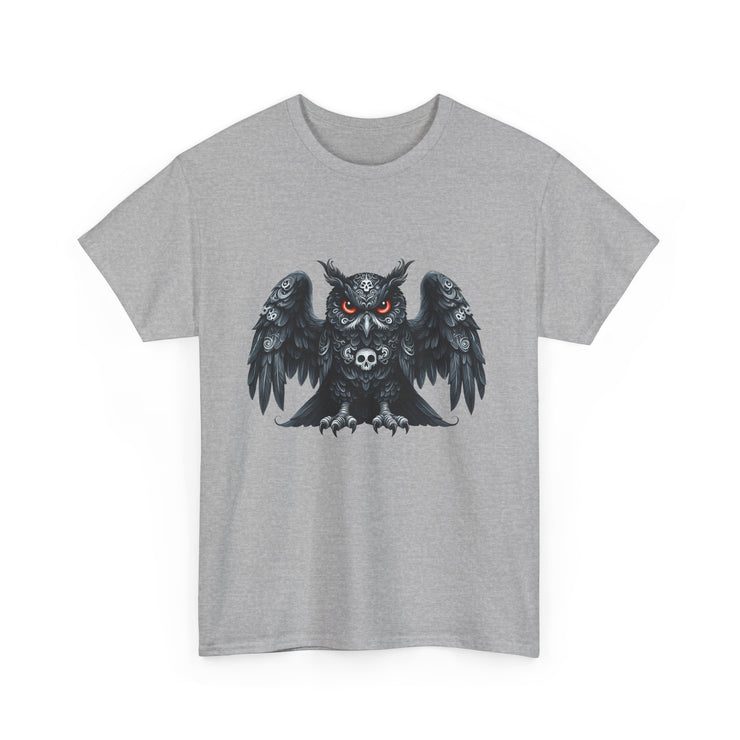Owl Skull Graphic Tee, Unisex Heavy Cotton T-Shirt, Edgy Apparel for Halloween, Casual Wear, Gift for Gothic Style Lovers