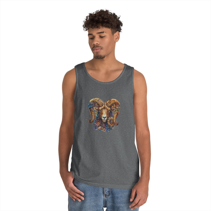 Bohemian Floral Ram Tank Top - Unisex Cotton Singlet, Artistic Apparel, Summer Wear, Festival Fashion, Nature Lover Gift