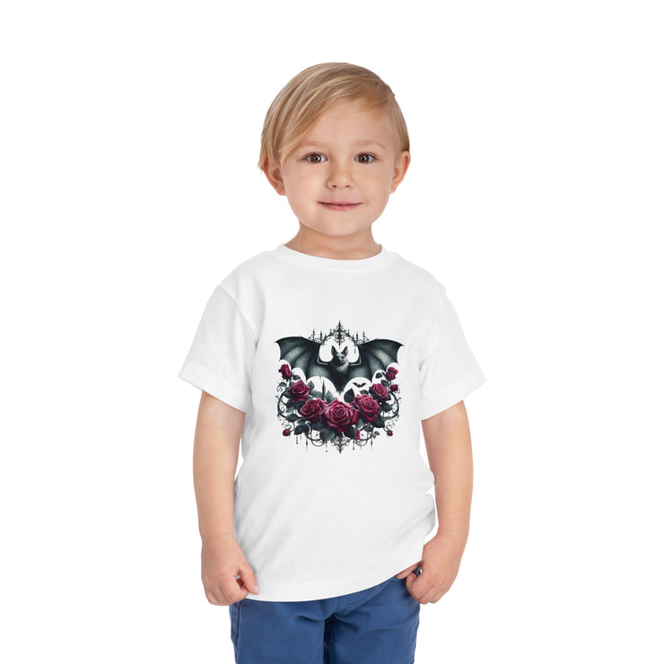 Toddler Halloween Bat Tee, Cute Toddler T-Shirt, Kids Halloween Apparel, Spooky Party Outfit, Bat and Roses Design