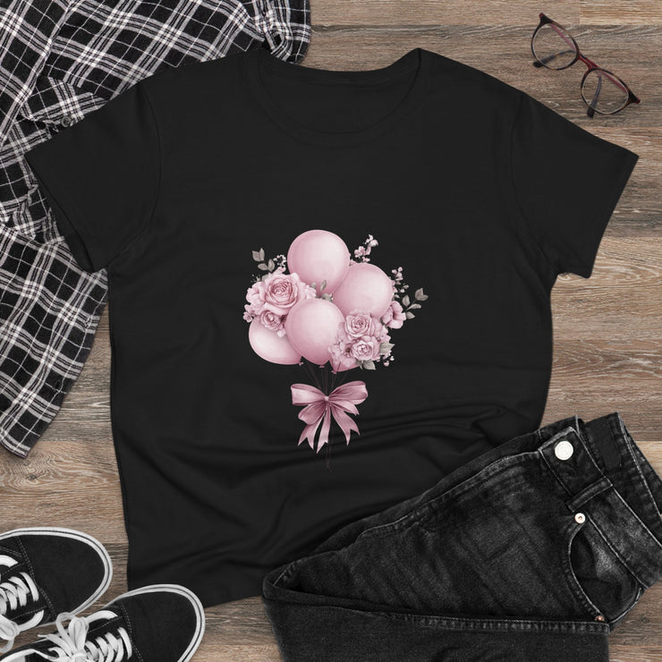 Women's Floral Balloon Tee, Cute Graphic Tee, Birthday Gift, Casual Cotton Shirt, Everyday Wear, Floral Design