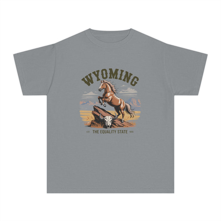 Wyoming Horse Youth Tee, Casual T-Shirt, Kids Graphic Tee, USA States Design, Horse Lover Gift, State Pride Apparel