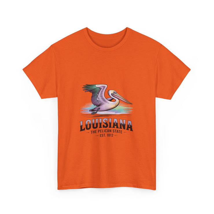 Louisiana Pelican Unisex Heavy Cotton Tee, Coastal Vibes Shirt, Gift for Louisiana Lovers, Casual Wear, Beach Trip T-Shirt, USA States Design