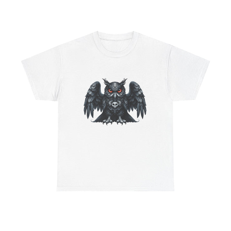 Owl Skull Graphic Tee, Unisex Heavy Cotton T-Shirt, Edgy Apparel for Halloween, Casual Wear, Gift for Gothic Style Lovers