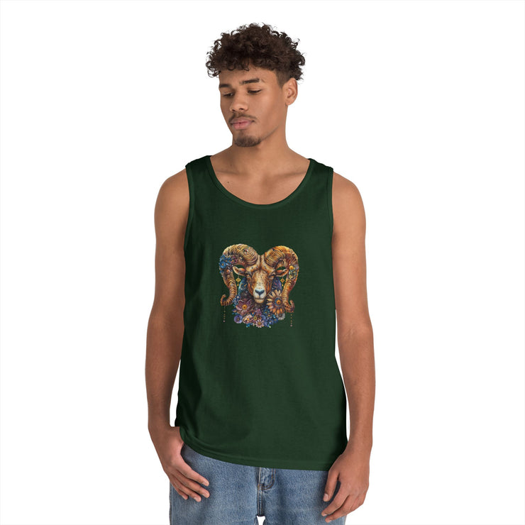 Bohemian Floral Ram Tank Top - Unisex Cotton Singlet, Artistic Apparel, Summer Wear, Festival Fashion, Nature Lover Gift