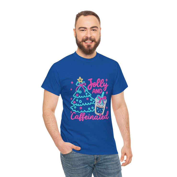 Jolly and Caffeinated Tee, Fun Holiday T-Shirt, Christmas Shirt, Unique Gift, Comfortable Cotton Tee, Festive Apparel