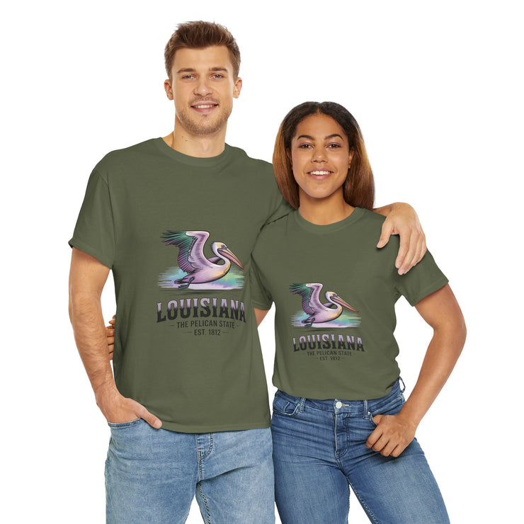 Louisiana Pelican Unisex Heavy Cotton Tee, Coastal Vibes Shirt, Gift for Louisiana Lovers, Casual Wear, Beach Trip T-Shirt, USA States Design