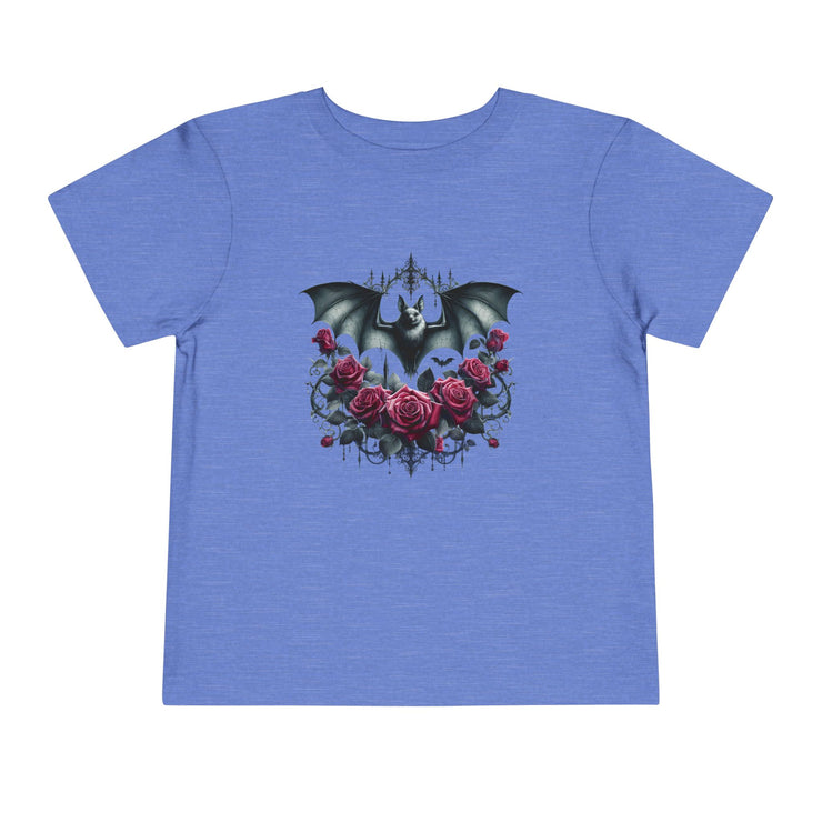 Toddler Halloween Bat Tee, Cute Toddler T-Shirt, Kids Halloween Apparel, Spooky Party Outfit, Bat and Roses Design