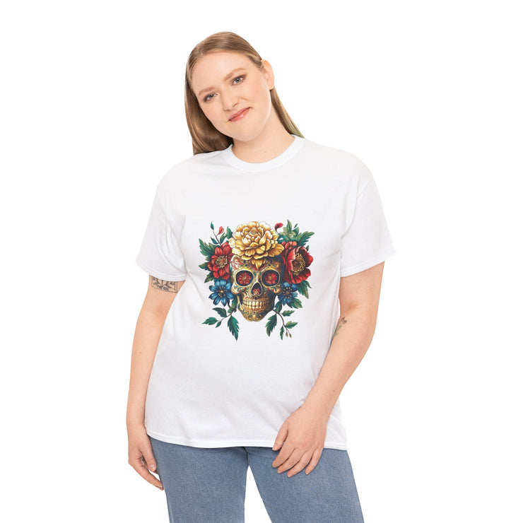 Floral Skull Tee - Unisex Heavy Cotton | Boho Style Shirt, Festival Wear, Gothic Aesthetic, Unique Gift, Casual Everyday Top