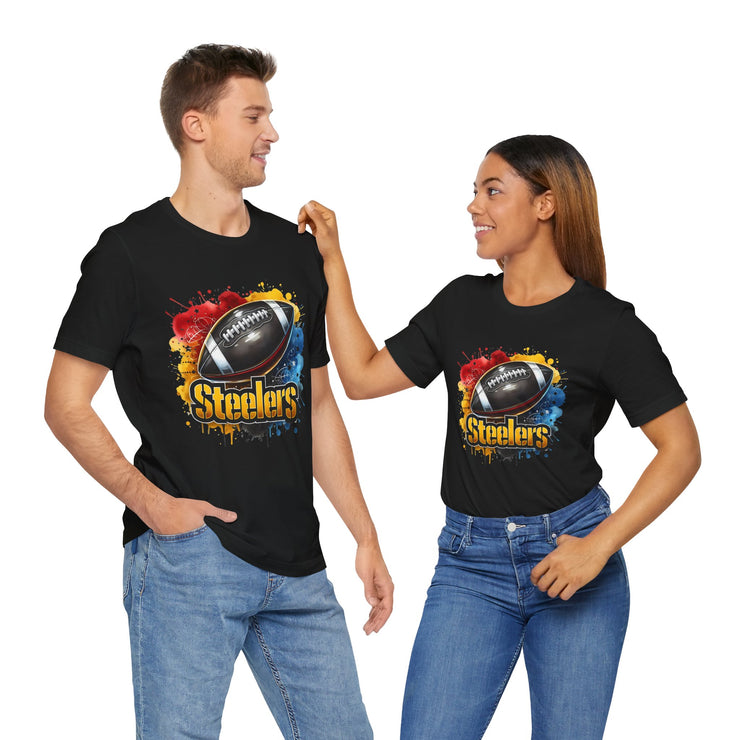 Steelers Football Splash Tee | Unisex Short Sleeve Shirt for Game Day, Sports Fan, Gift for Him, Tailgate Party, Sports Design