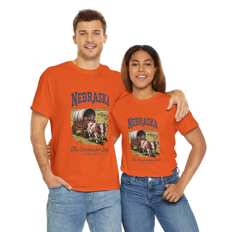 Nebraska Heritage Unisex Heavy Cotton Tee, Vintage State Shirt, Nebraska Flag Apparel, Midwest Pride T-Shirt, Cowpoke Style Tee, USA States Design
