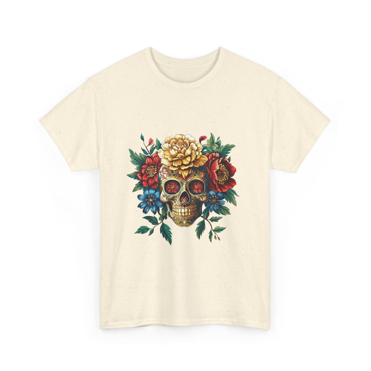 Floral Skull Tee - Unisex Heavy Cotton | Boho Style Shirt, Festival Wear, Gothic Aesthetic, Unique Gift, Casual Everyday Top