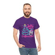 Jolly and Caffeinated Tee, Fun Holiday T-Shirt, Christmas Shirt, Unique Gift, Comfortable Cotton Tee, Festive Apparel