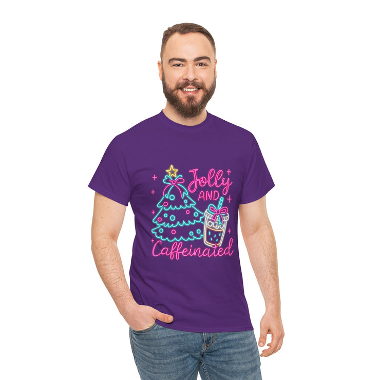 Jolly and Caffeinated Tee, Fun Holiday T-Shirt, Christmas Shirt, Unique Gift, Comfortable Cotton Tee, Festive Apparel