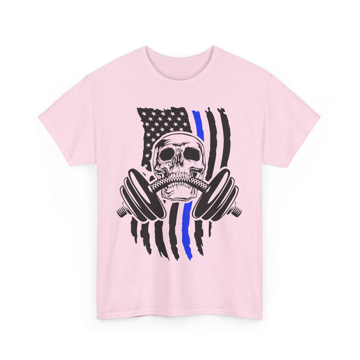 Unisex Skull American Flag Tee, Gym Shirt, Fitness Apparel, Workout Gift, Casual Wear, Patriotic Activewear