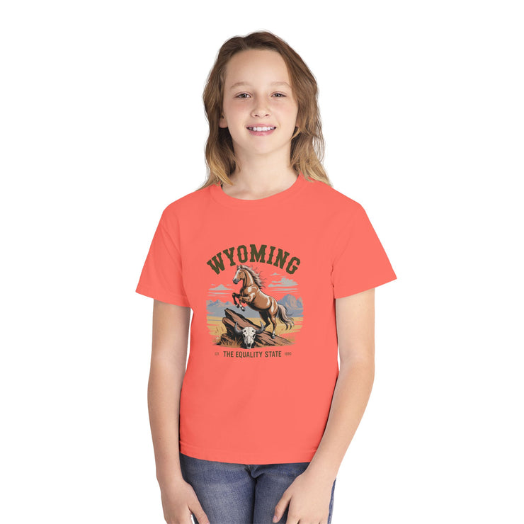 Wyoming Horse Youth Tee, Casual T-Shirt, Kids Graphic Tee, USA States Design, Horse Lover Gift, State Pride Apparel