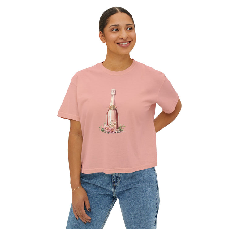 Chic Women's Boxy Tee with Champagne Bottle Design, Casual T-Shirt, Wedding Gift, Brunch Outfit, Floral Tee, Summer Style