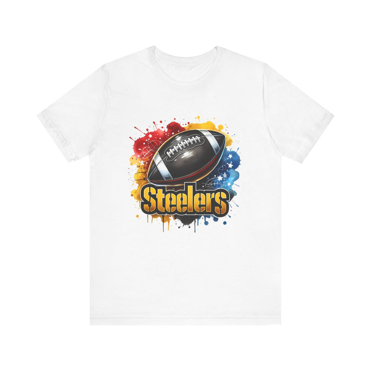 Steelers Football Splash Tee | Unisex Short Sleeve Shirt for Game Day, Sports Fan, Gift for Him, Tailgate Party, Sports Design