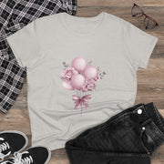 Women's Floral Balloon Tee, Cute Graphic Tee, Birthday Gift, Casual Cotton Shirt, Everyday Wear, Floral Design
