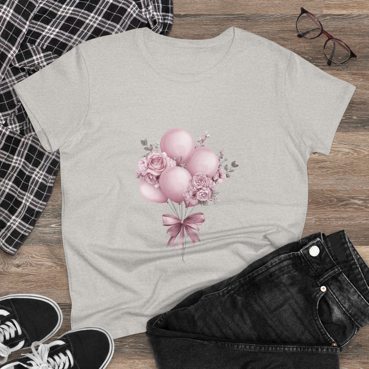 Women's Floral Balloon Tee, Cute Graphic Tee, Birthday Gift, Casual Cotton Shirt, Everyday Wear, Floral Design