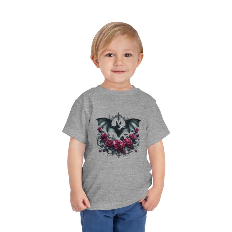 Toddler Halloween Bat Tee, Cute Toddler T-Shirt, Kids Halloween Apparel, Spooky Party Outfit, Bat and Roses Design