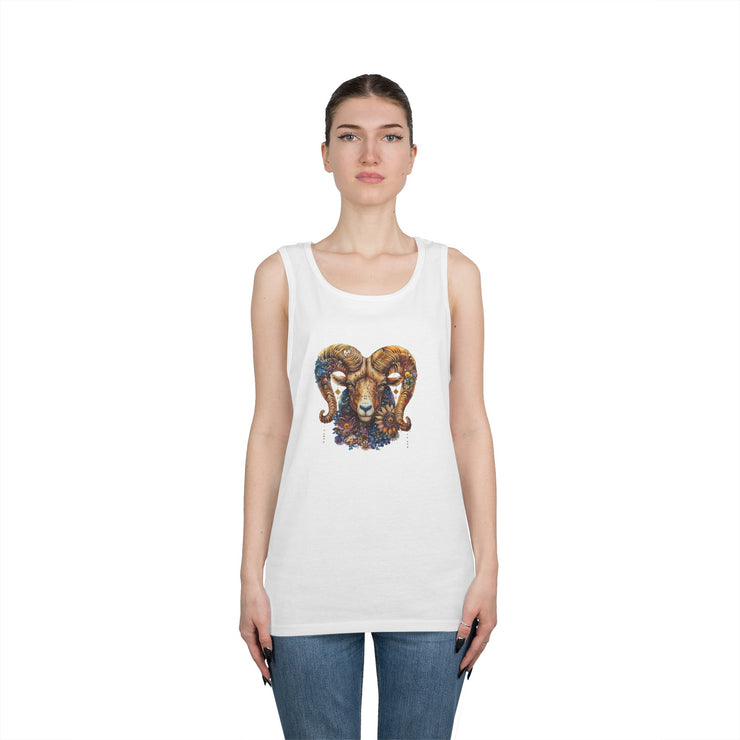 Bohemian Floral Ram Tank Top - Unisex Cotton Singlet, Artistic Apparel, Summer Wear, Festival Fashion, Nature Lover Gift