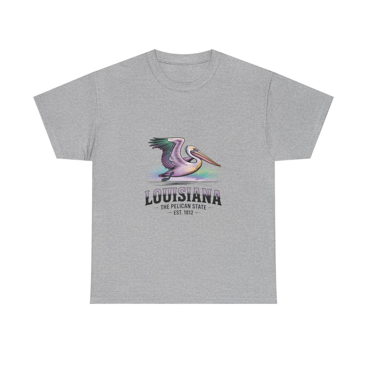 Louisiana Pelican Unisex Heavy Cotton Tee, Coastal Vibes Shirt, Gift for Louisiana Lovers, Casual Wear, Beach Trip T-Shirt, USA States Design