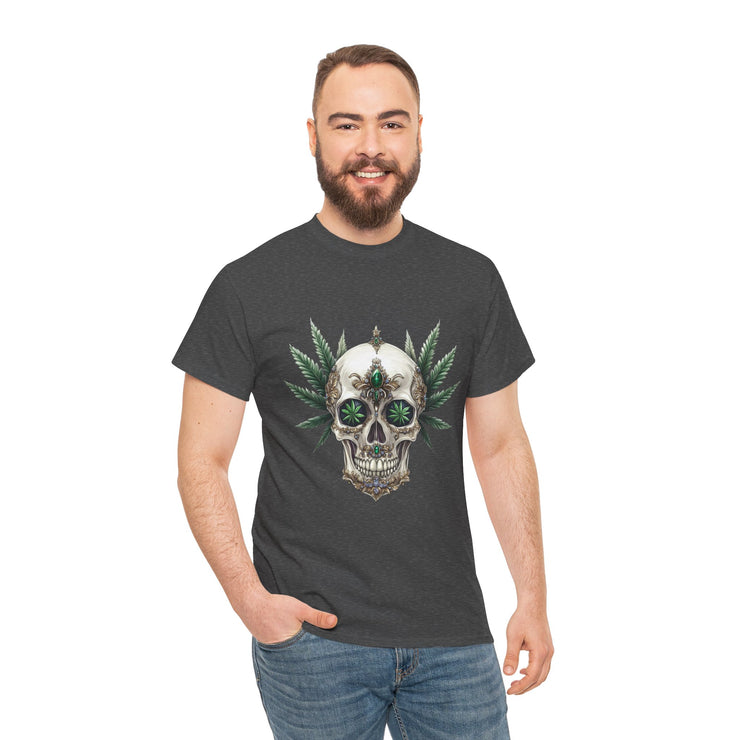 Skull & Greenery Unisex Heavy Cotton Tee - Edgy Graphic Shirt for Casual Wear, Festival Clothing, Gift for Him/Her, Summer Vibes.