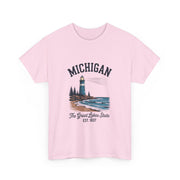 Michigan Lighthouse Unisex Heavy Cotton Tee, Great Lakes State Shirt, Gift for Travelers, Summer Casual Wear, Lakeshore Tee, USA States Design