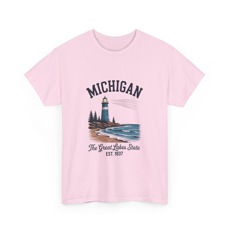 Michigan Lighthouse Unisex Heavy Cotton Tee, Great Lakes State Shirt, Gift for Travelers, Summer Casual Wear, Lakeshore Tee, USA States Design