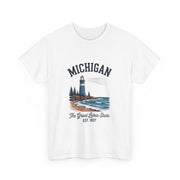 Michigan Lighthouse Unisex Heavy Cotton Tee, Great Lakes State Shirt, Gift for Travelers, Summer Casual Wear, Lakeshore Tee, USA States Design