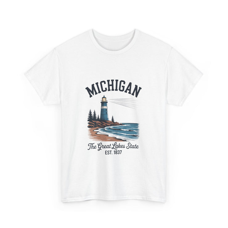 Michigan Lighthouse Unisex Heavy Cotton Tee, Great Lakes State Shirt, Gift for Travelers, Summer Casual Wear, Lakeshore Tee, USA States Design