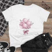 Women's Floral Balloon Tee, Cute Graphic Tee, Birthday Gift, Casual Cotton Shirt, Everyday Wear, Floral Design