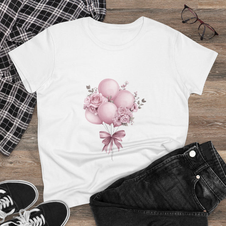Women's Floral Balloon Tee, Cute Graphic Tee, Birthday Gift, Casual Cotton Shirt, Everyday Wear, Floral Design