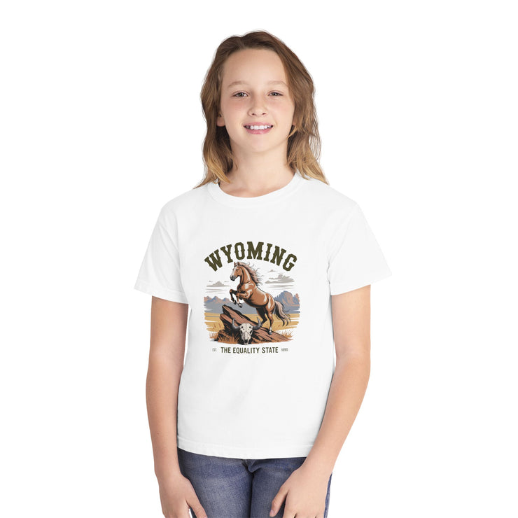 Wyoming Horse Youth Tee, Casual T-Shirt, Kids Graphic Tee, USA States Design, Horse Lover Gift, State Pride Apparel