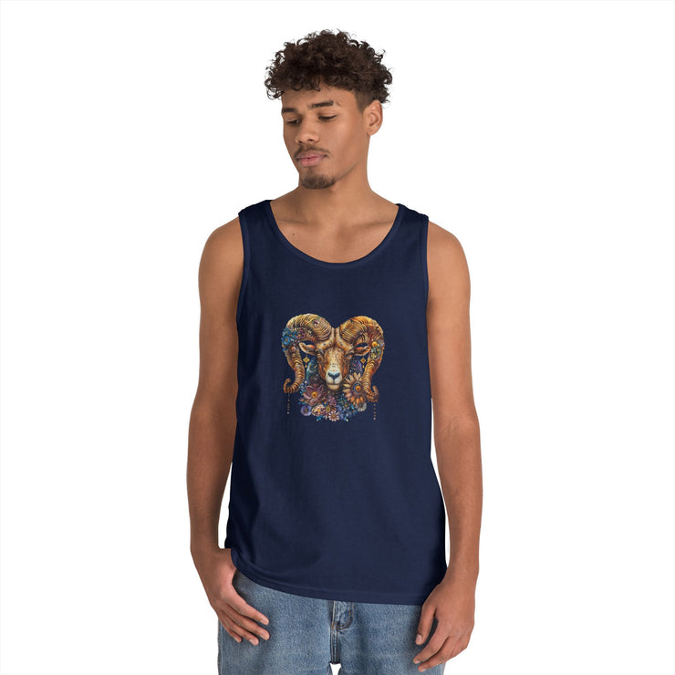 Bohemian Floral Ram Tank Top - Unisex Cotton Singlet, Artistic Apparel, Summer Wear, Festival Fashion, Nature Lover Gift
